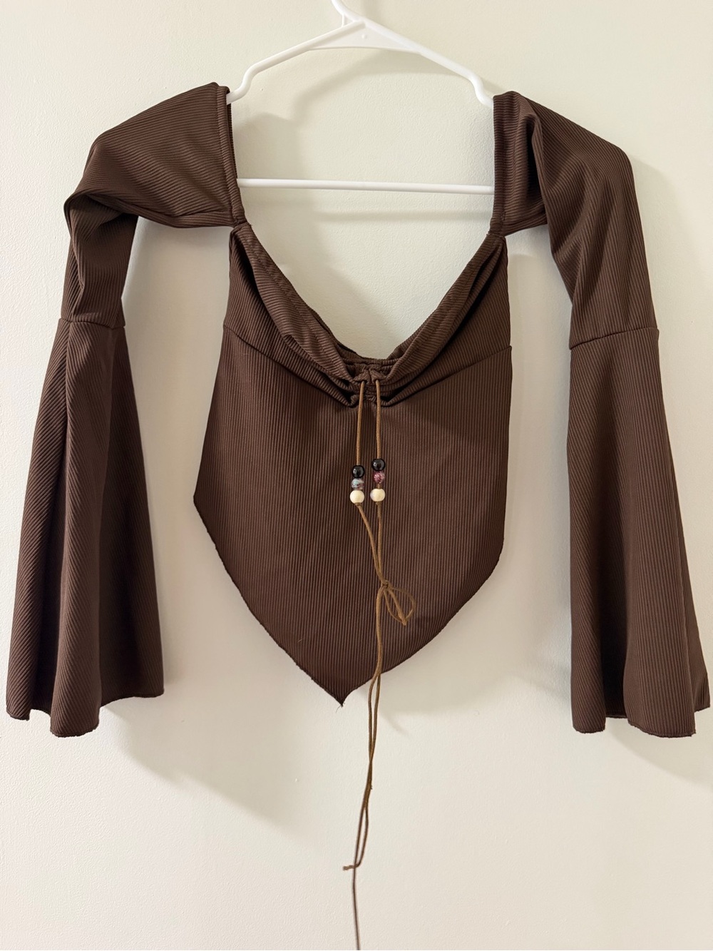 ROMWE Brown Ribbed Tie-Front Bandana Crop Top with Bell Sleeves